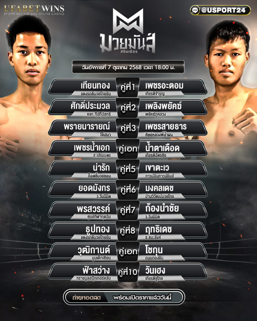 โปรแกรมมวย ประจำวันที่ 7 ตุลาคม 2568 | ศึกมวยมันส์สนั่นเมือง