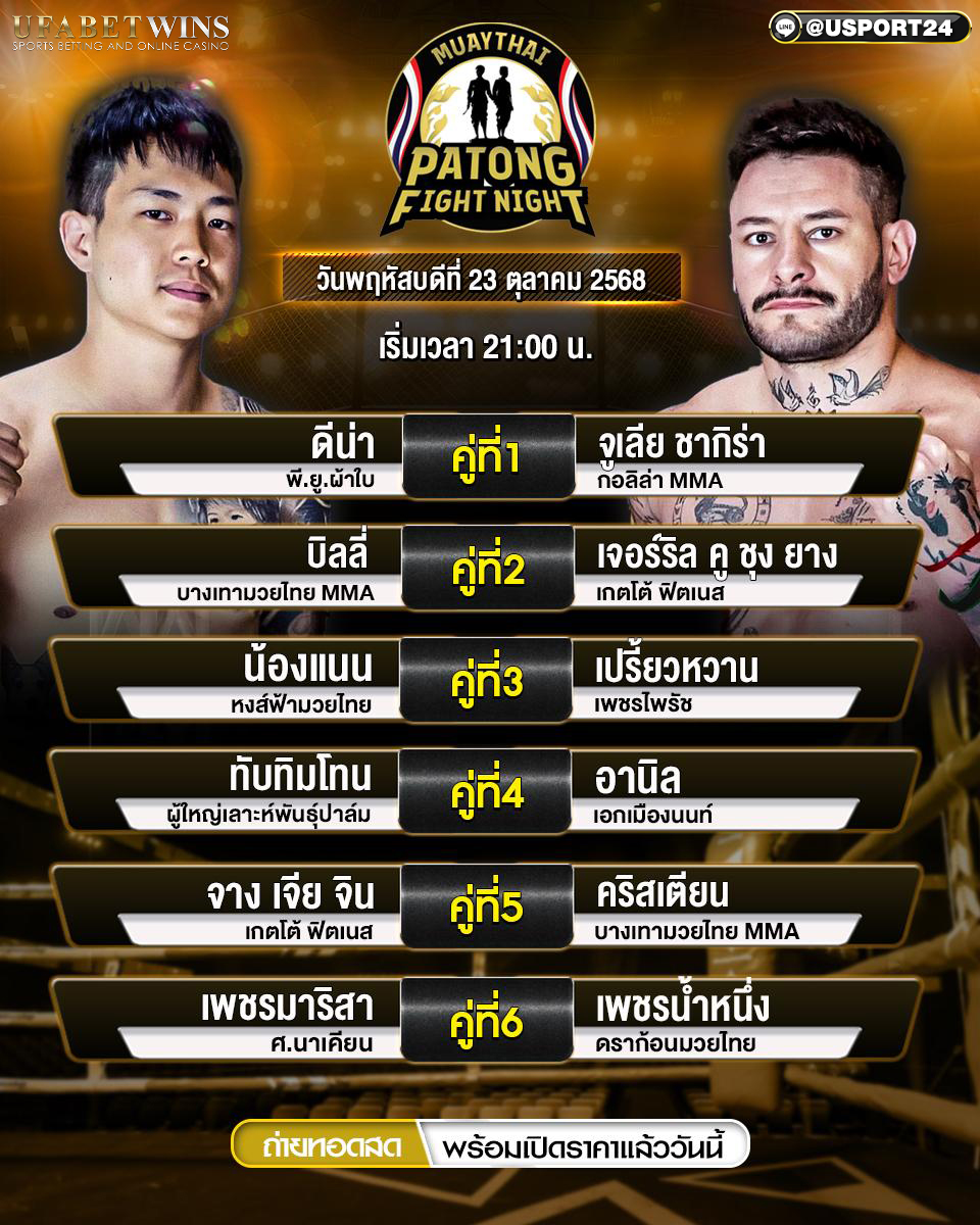 โปรแกรมมวย ศึกป่าตองไฟท์ไนท์ พฤหัสบดี 23 ตุลาคม 2568 เวลา 21:00 น.
