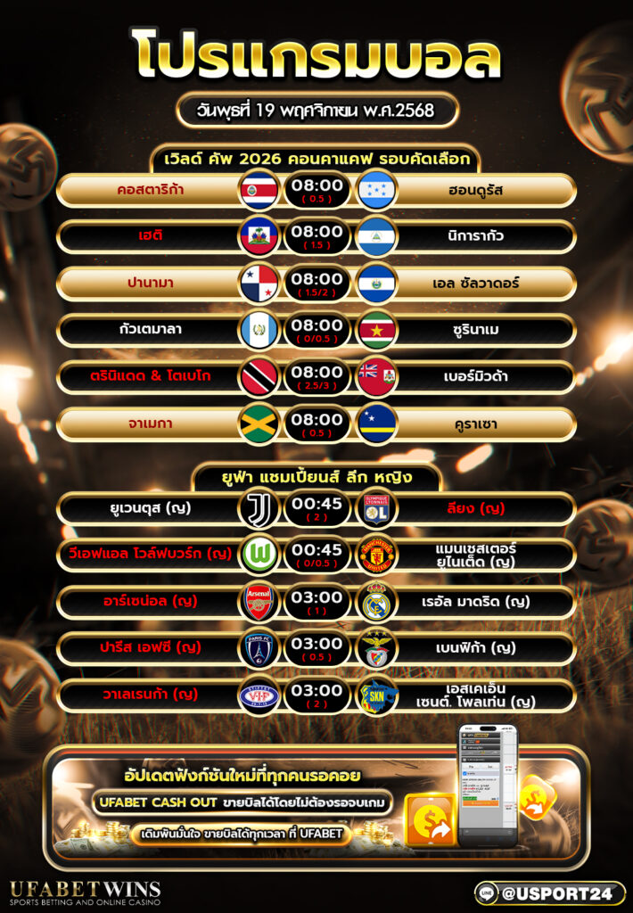 โปรแกรมฟุตบอล 19 พฤศจิกายน 2568 | พร้อมวิเคราะห์เบื้องต้นรวมคู่เตะสำคัญวันนี้
