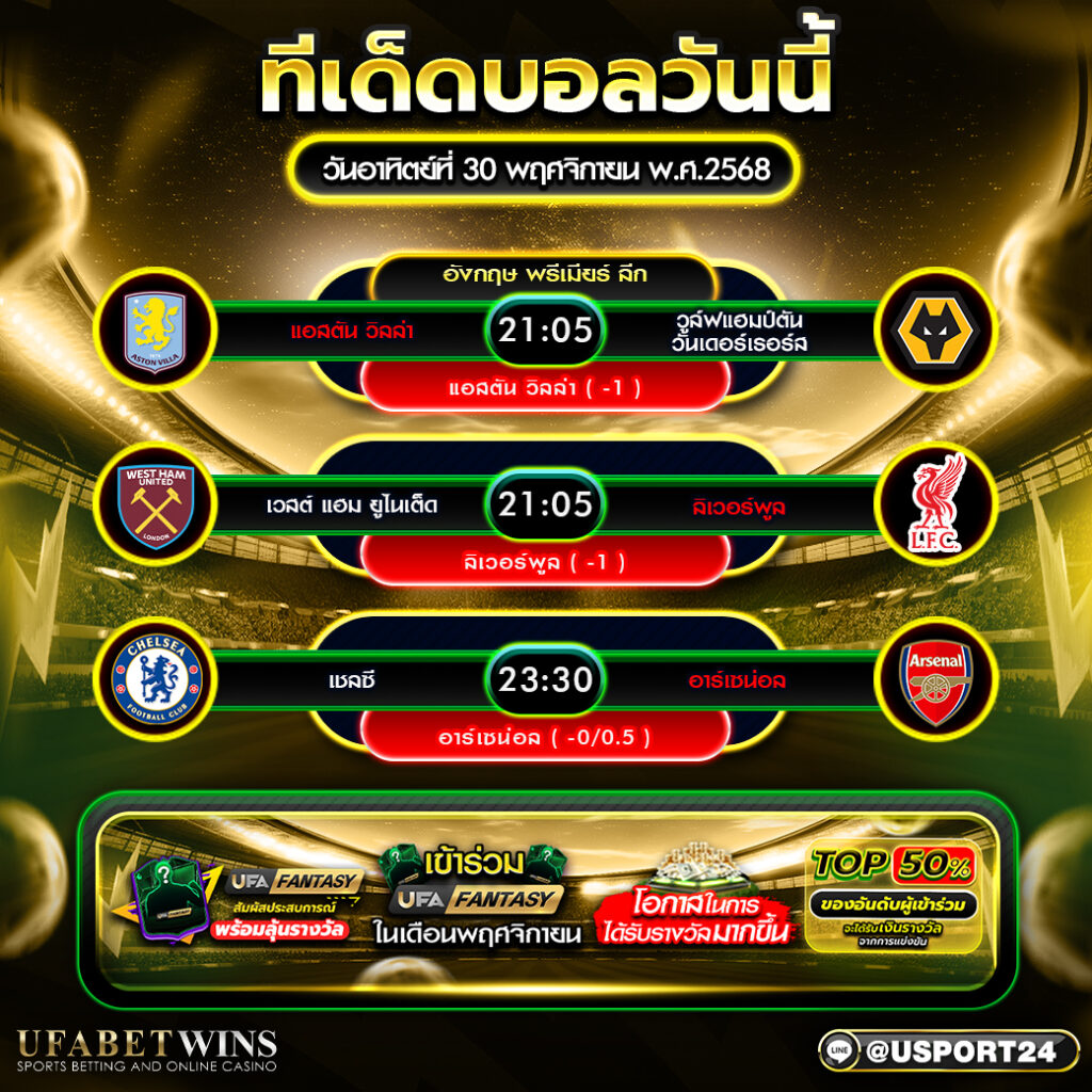 วิเคราะห์บอล 30 พฤศจิกายน พ.ศ.2568 พรีเมียร์ลีก อังกฤษ ทีเด็ดบอลวันนี้ 3 คู่ใหญ่