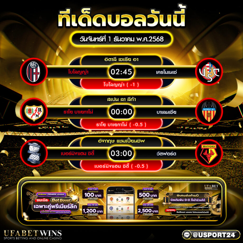 วิเคราะห์บอล 1 ธันวาคม 2568 ทีเด็ดบอลคืนนี้พร้อมแนวโน้มสกอร์ 3 คู่เด่น