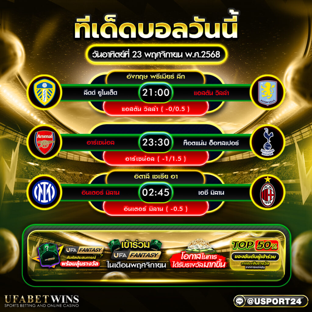 วิเคราะห์ฟุตบอล 23 พฤศจิกายน 2568 วิเคราะห์บอล 3 คู่ดัง ทีเด็ดบอลเดี่ยวและสเต็ปจากลีกใหญ่ยุโรป