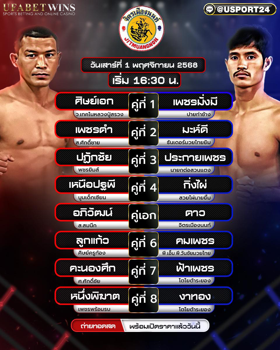 โปรแกรมมวย ศึกจิตรเมืองนนท์ 1 พ.ย. 2568 | ชั่งจริงละเอียด วิเคราะห์จุดชี้ขาดครบทุกคู่ เริ่ม 16:30 น.