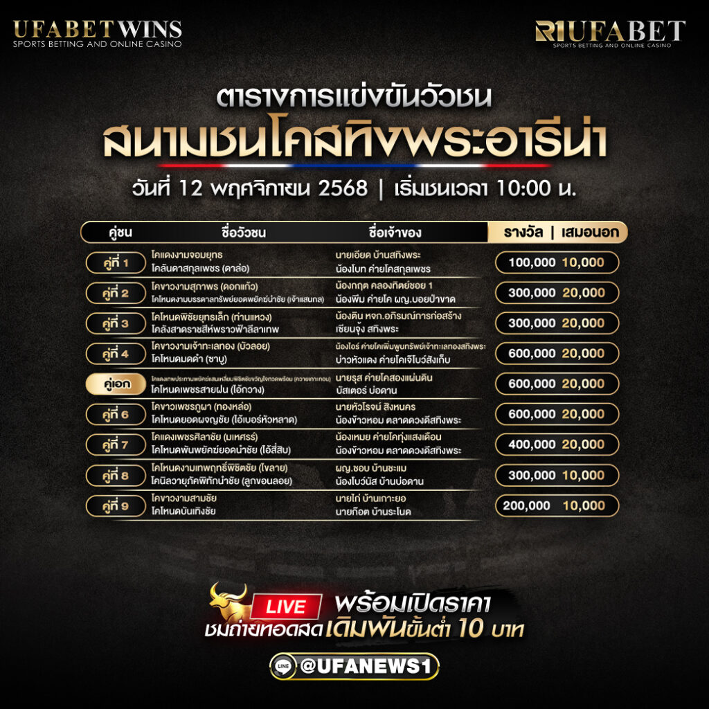 โปรแกรมวัวชน สนามชนโคสทิงพระอารีน่า วันที่ 12 พฤศจิกายน พ.ศ. 2568 เริ่มชน 10:00 น.