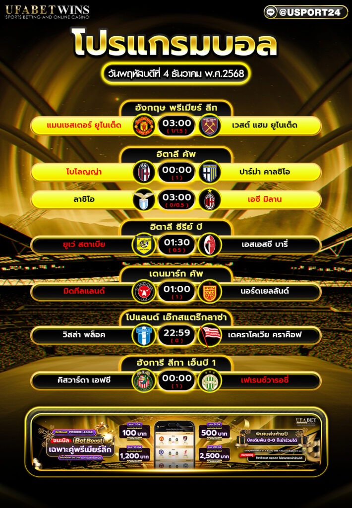 โปรแกรมฟุตบอล 4 ธันวาคม 2568 ตารางบอลคืนนี้ พรีเมียร์ลีก โคปปา อิตาเลีย ครบทุกลีก