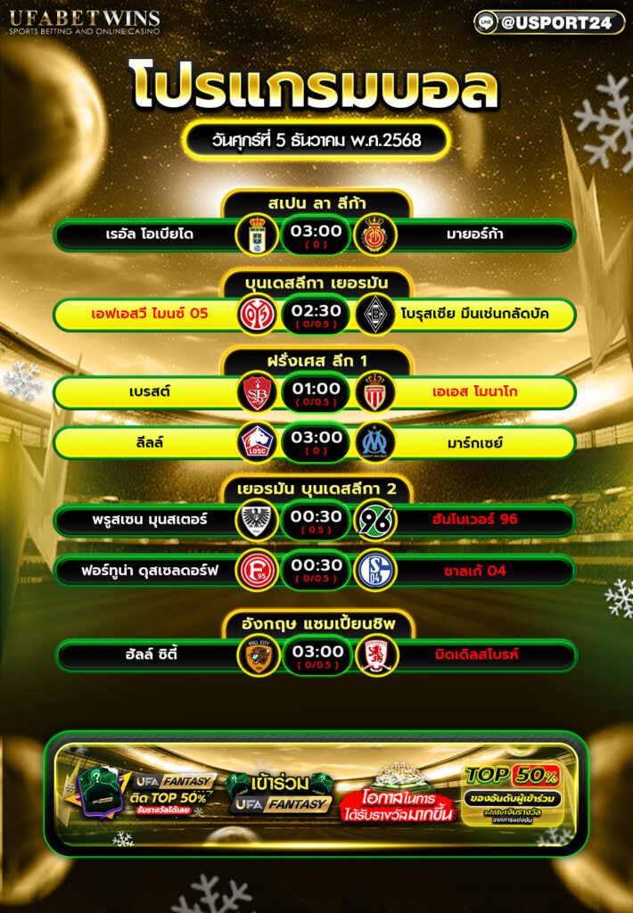 โปรแกรมฟุตบอล 5 ธันวาคม 2568 รวมบอลน่าดูคืนนี้จากสเปน เยอรมัน ฝรั่งเศส อังกฤษ
