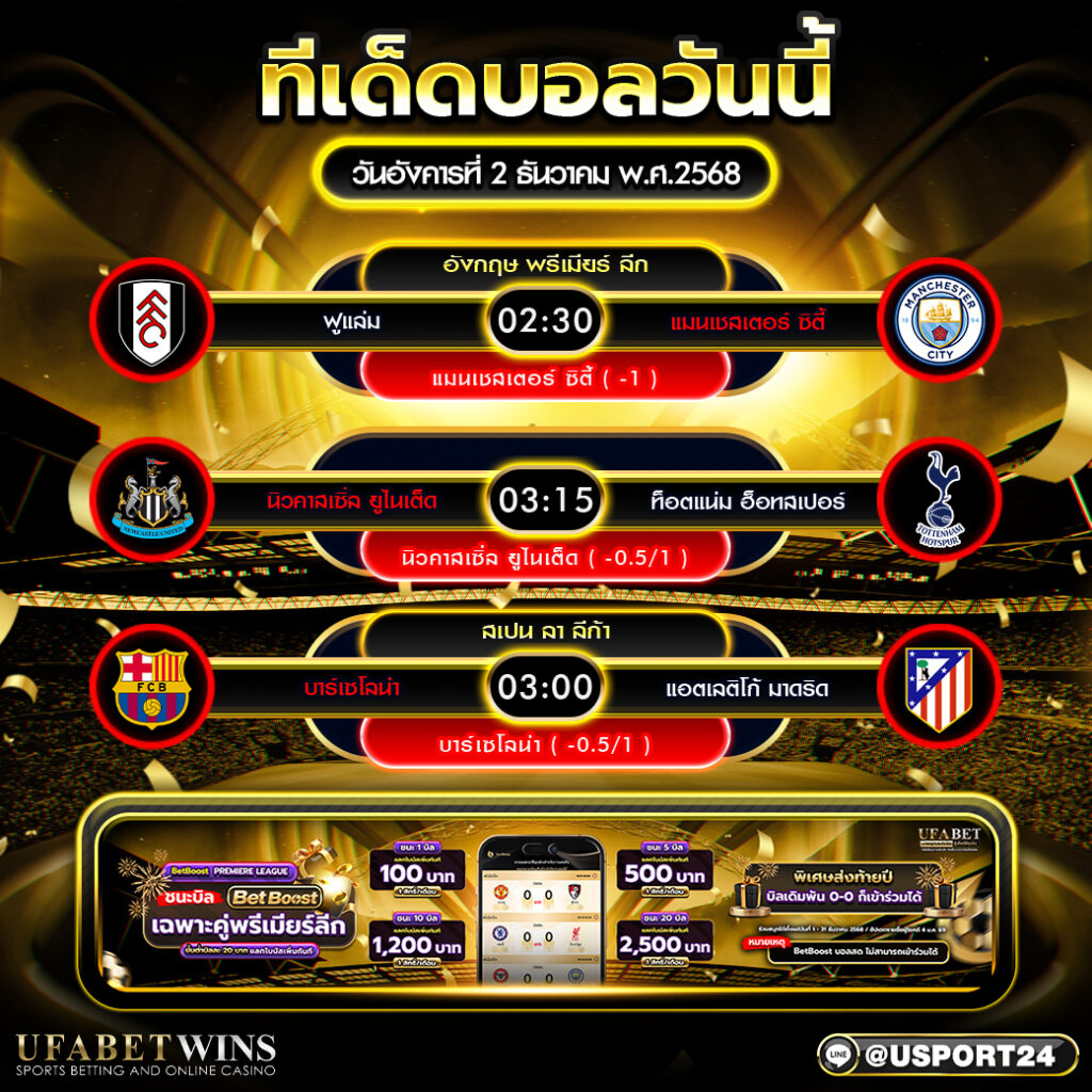 วิเคราะห์บอล 2 ธันวาคม 2568 ฟันธงฟูแล่ม แมนซิตี้ นิวคาสเซิ่ล สเปอร์ส บาร์เซโลน่า แอตเลติโก้