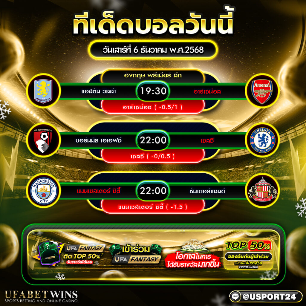 วิเคราะห์บอล 6 ธันวาคม 2568 ทีเด็ดคืนนี้ อาร์เซน่อล เชลซี แมนฯซิตี้ ลุ้นกินเต็ม