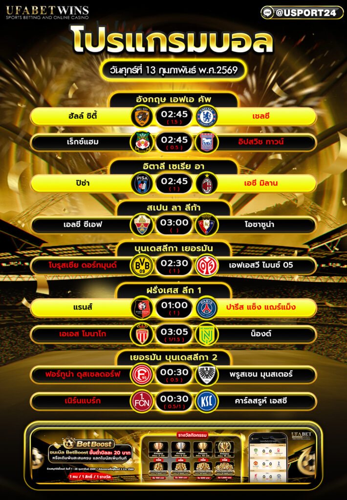 โปรแกรมบอล วันที่ 13 กุมภาพันธ์ 2569: วิเคราะห์โปรแกรมบอลคืนวันศุกร์ ครบทุกลีกและบอลถ้วย