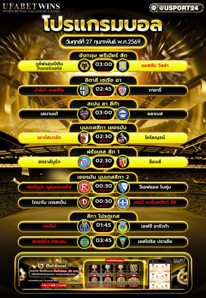 โปรแกรมบอล 27 ก.พ. 2569 ตารางแข่งคืนนี้ ดูพรีเมียร์ลีก ลาลีกา บุนเดสลีกา