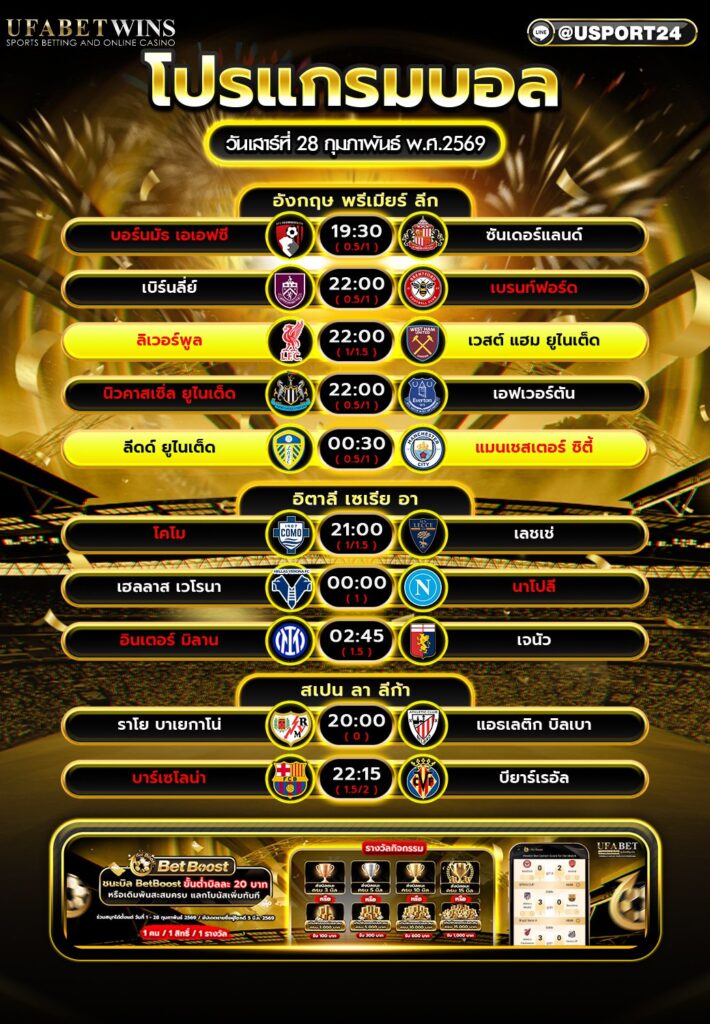 โปรแกรมบอล 28 ก.พ. 2569 ตารางบอลวันนี้ พรีเมียร์ลีก เซเรีย อา ลา ลีก้า ครบทุกคู่