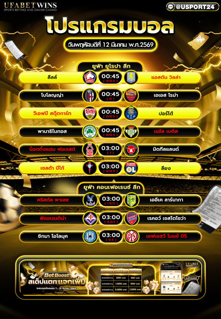 โปรแกรมบอล 12 มี.ค. 2569 ตารางบอลวันนี้ ยูฟ่า ยูโรปา ลีก และ ยูฟ่า