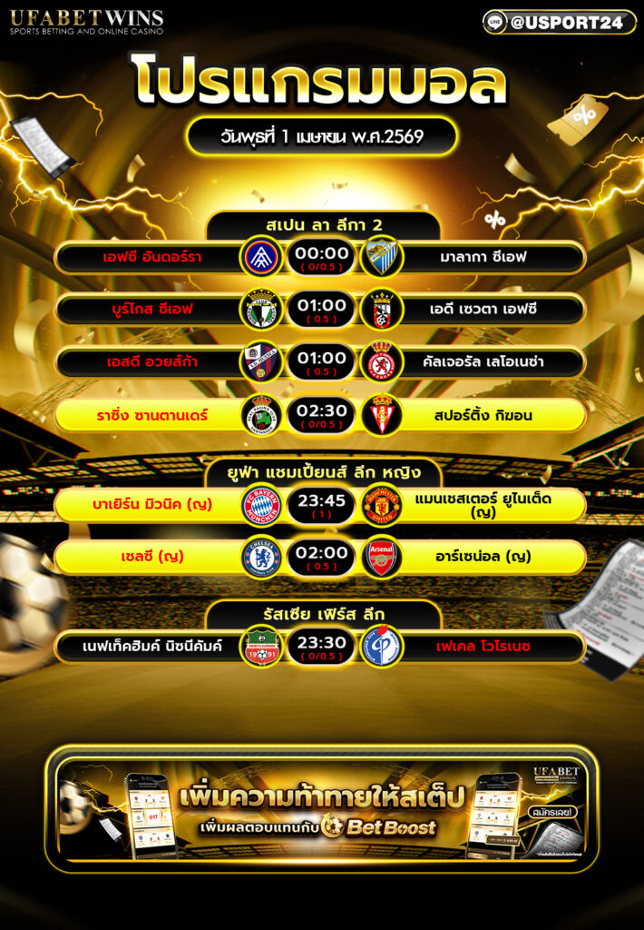 โปรแกรมบอล วันนี้ 1 เม.ย. 2569 ตารางบอลคืนนี้ ครบทุกคู่ทุกลีก