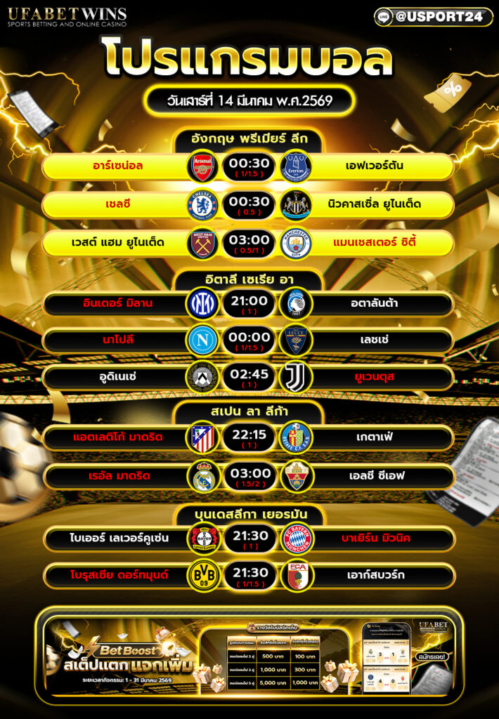 โปรแกรมบอล วันนี้ 14 มี.ค. 2569 ตารางบอลคืนนี้ ครบทุกคู่จากลีกดังยุโรป