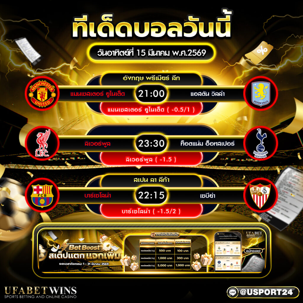 วิเคราะห์บอลวันนี้ 15 มี.ค. 2569 คู่เด่นวันนี้ แมนยู ลิเวอร์พูล บาร์ซ่า