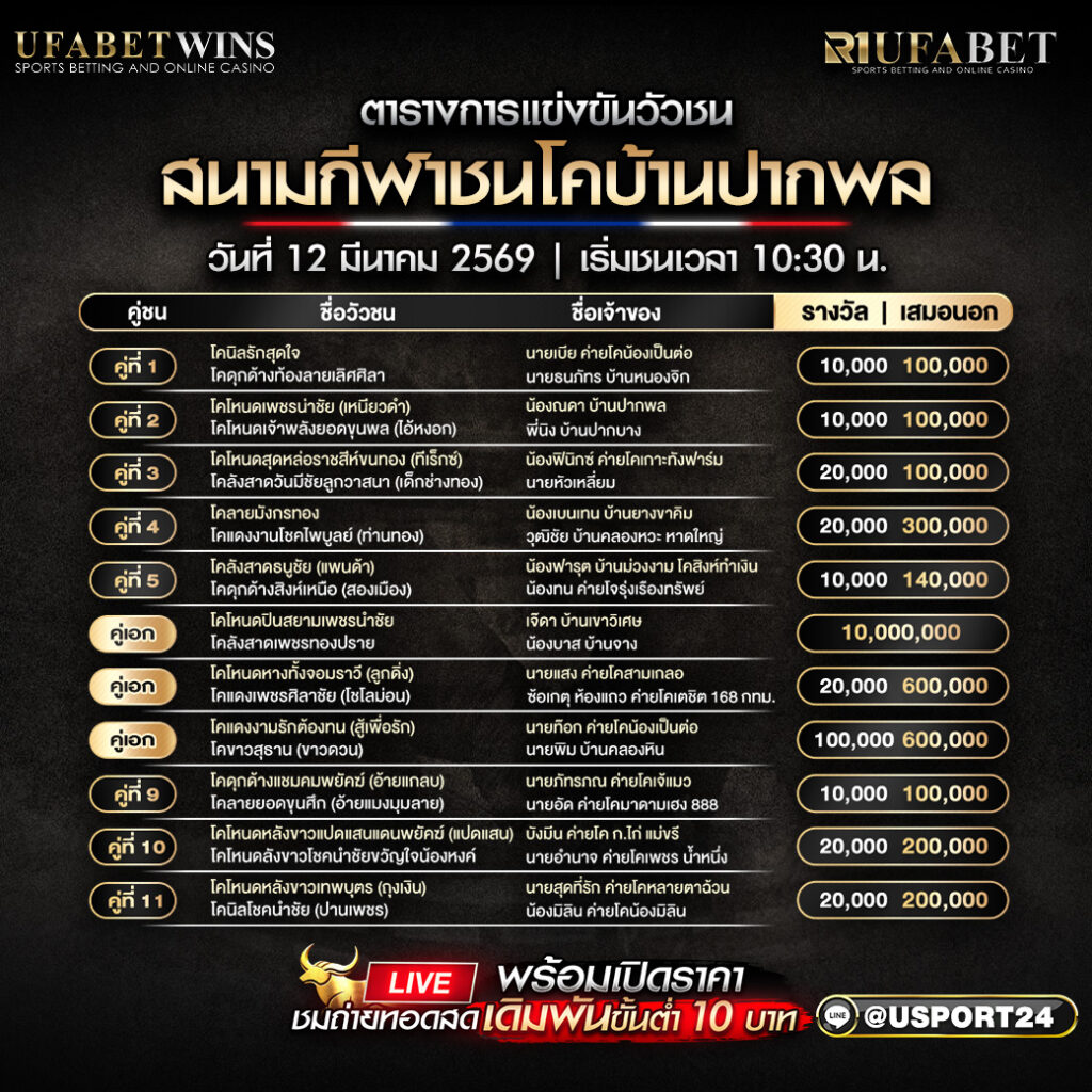 โปรแกรมวัว สนามกีฬาชนโคบ้านปากพล 12 มี.ค. 2569