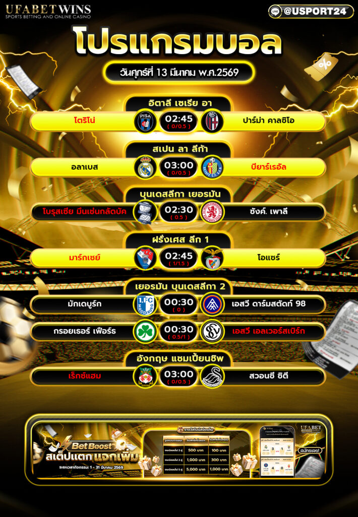 โปรแกรมบอล 13 มี.ค. 2569 ตารางบอลยุโรป เซเรียอา ลาลีกา ลีกเอิง