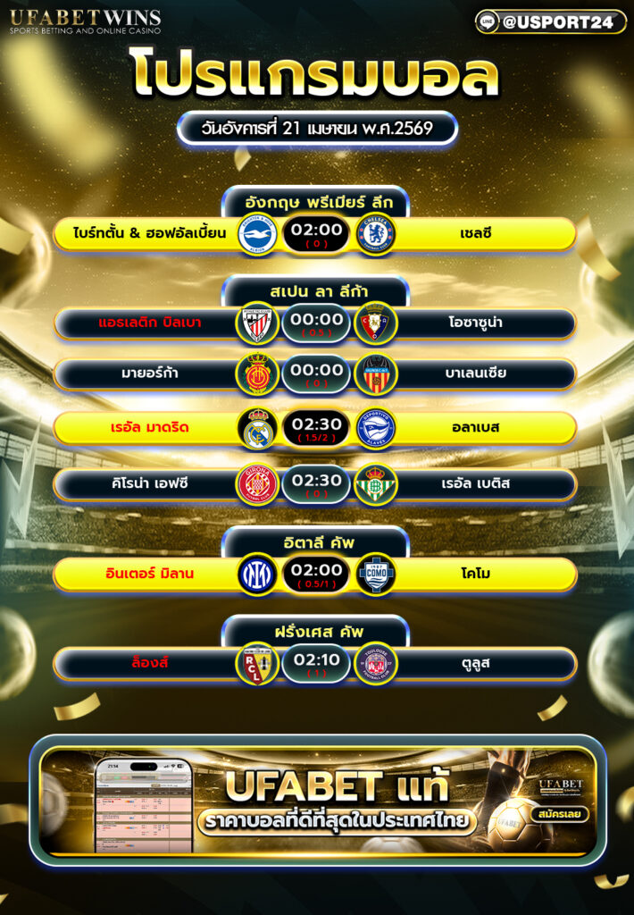 โปรแกรมบอล วันนี้ 21 เมษายน 2569 รวมคู่เด่นคืนนี้ พรีเมียร์ลีก ลา ลีก้า