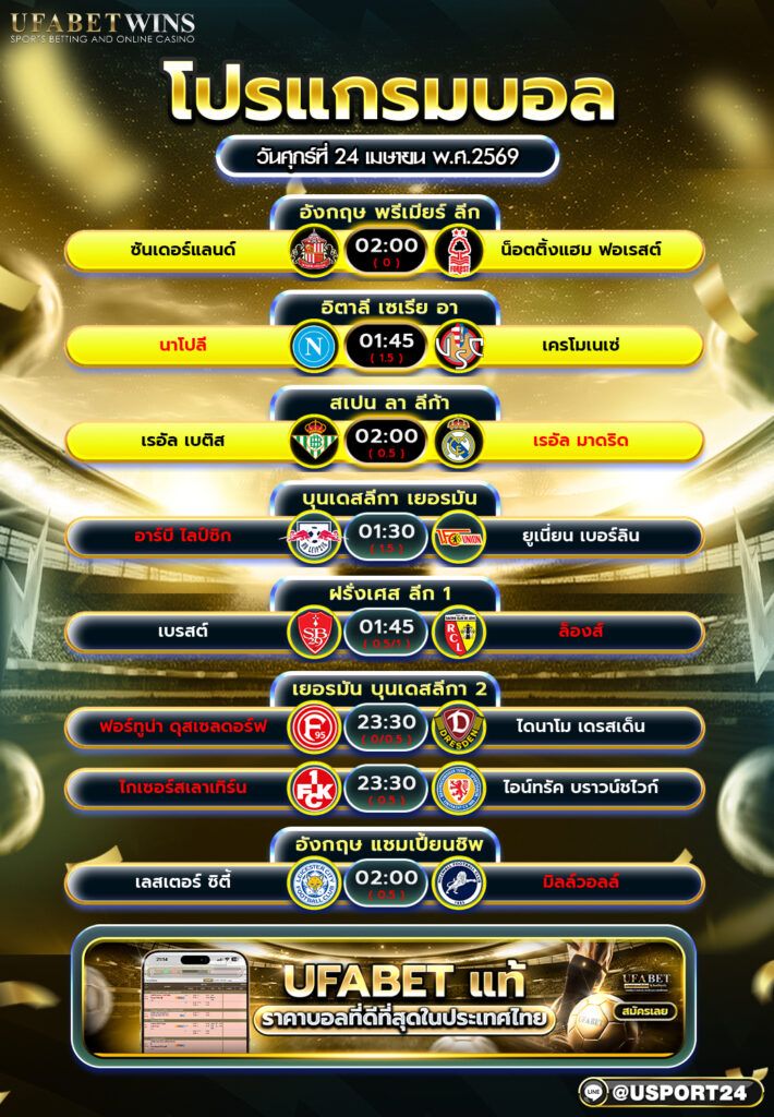 โปรแกรมบอล วันนี้ 24 เม.ย. 2569 พรีเมียร์ลีก ลาลีกา เซเรียอา และลีกดังยุโรป