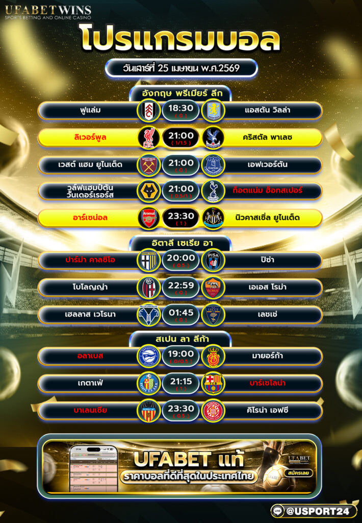 โปรแกรมบอล วันนี้ 25 เม.ย. 2569 ตารางบอลพรีเมียร์ลีก เซเรีย อา ลา ลีก้า