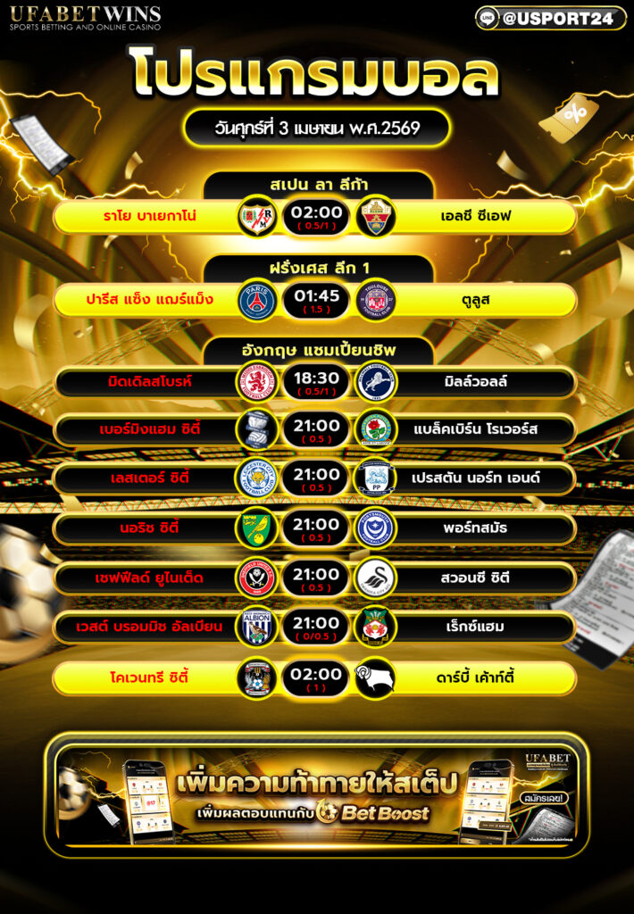 โปรแกรมบอล วันนี้ 3 เม.ย. 2569 ตารางบอลวันนี้ ครบทุกลีกดังที่เตะคืนนี้