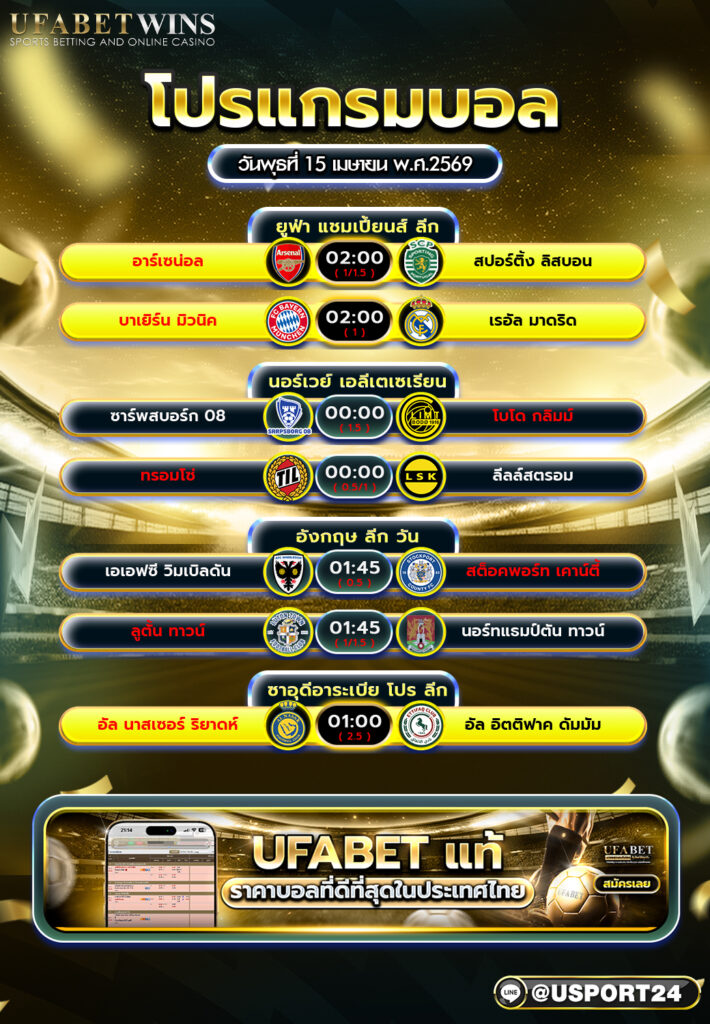 โปรแกรมบอล วันนี้ 15 เม.ย. 2569 รวมตารางแข่งขันฟุตบอลวันนี้ครบทุกสนาม