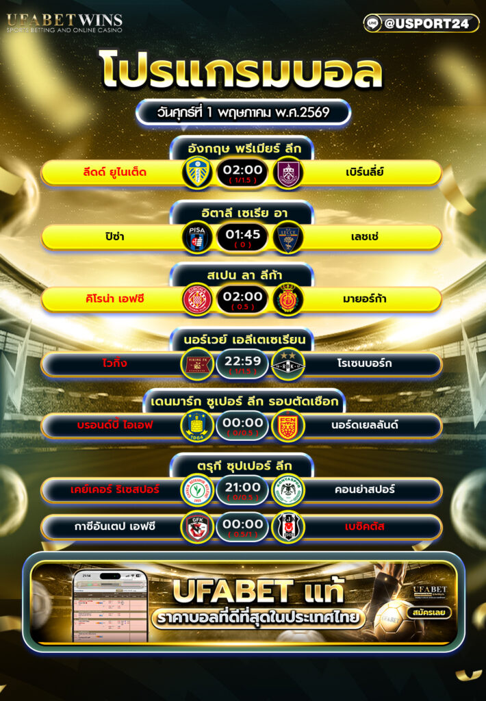 โปรแกรมบอล วันนี้ 1 พ.ค. 2569 ครบทุกลีก พรีเมียร์ลีก ลา ลีก้า เซเรีย อา
