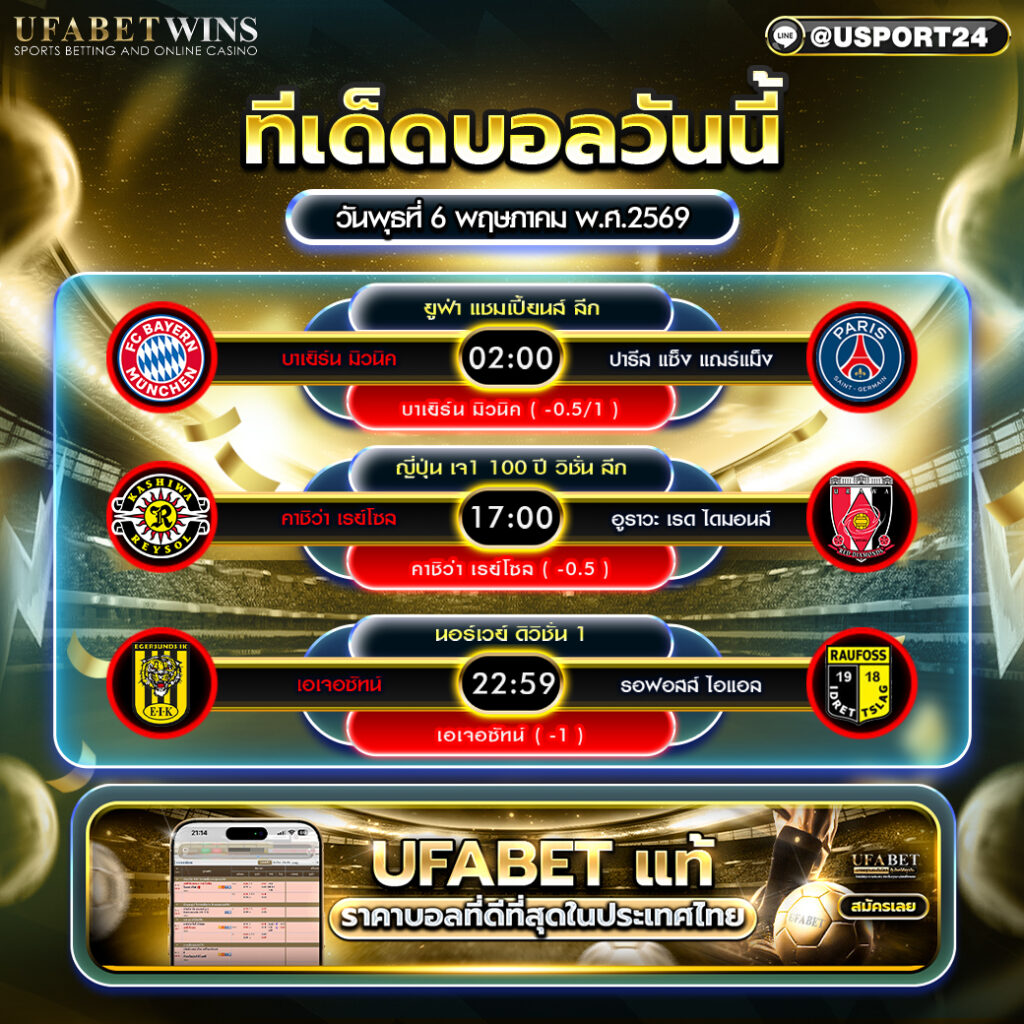 วิเคราะห์บอล วันนี้ 6 พ.ค. 2569 ทีเด็ดบอล 3 คู่เด่น พร้อมอัตราต่อรอง