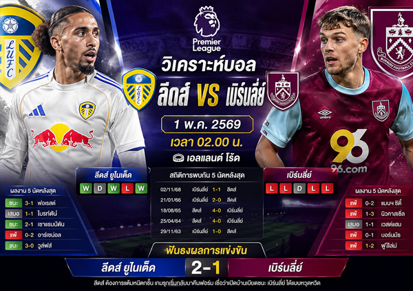 ลีดส์ vs เบิร์นลี่ย์  1 พ.ค. 2569 : วิเคราะห์บอล พร้อมสกอร์คาด